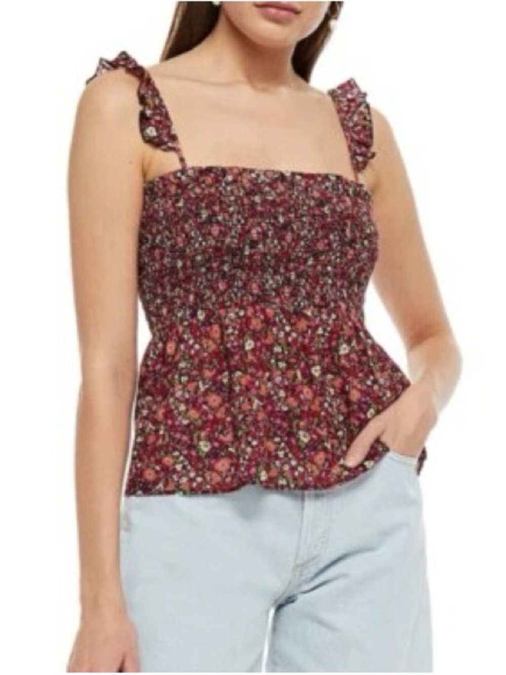 ba&sh Sweety Floral Print Crepe Smocked Pink and Green Fringe Flutter Hem Tank